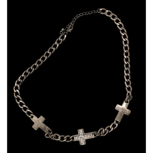 Glam Goth Triple Cross Necklace With Rhinestone Accents