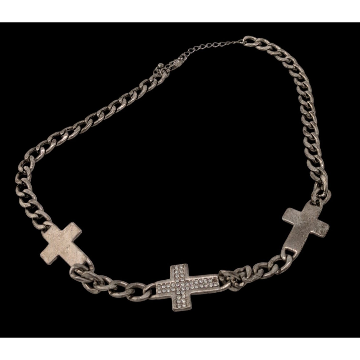 Glam Goth Triple Cross Necklace With Rhinestone Accents