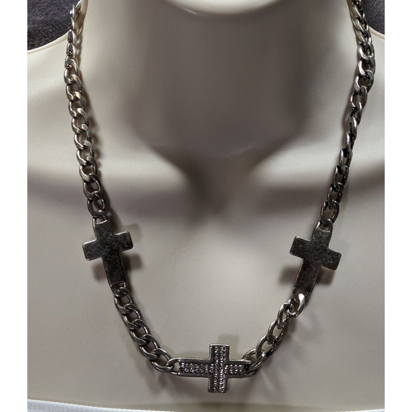 Glam Goth Triple Cross Necklace With Rhinestone Accents