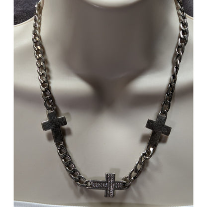 Glam Goth Triple Cross Necklace With Rhinestone Accents