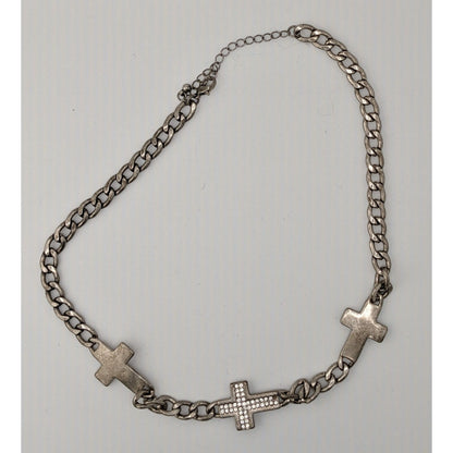 Glam Goth Triple Cross Necklace With Rhinestone Accents