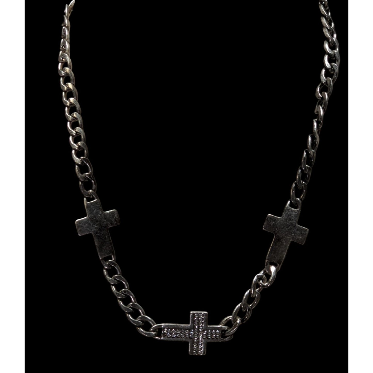 Glam Goth Triple Cross Necklace With Rhinestone Accents