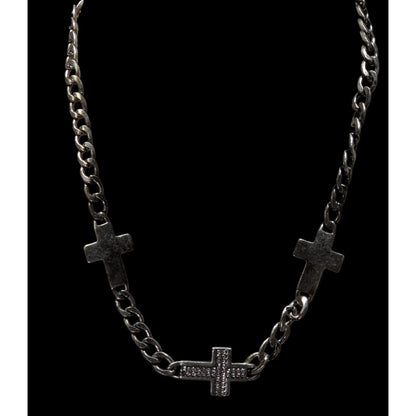 Glam Goth Triple Cross Necklace With Rhinestone Accents