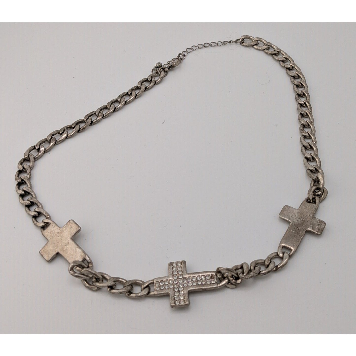 Glam Goth Triple Cross Necklace With Rhinestone Accents