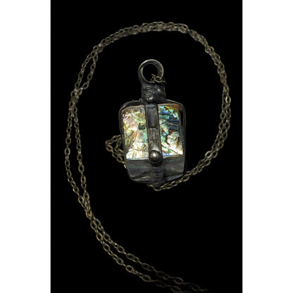 Vintage Abalone Crackle Cube Pendant Necklace