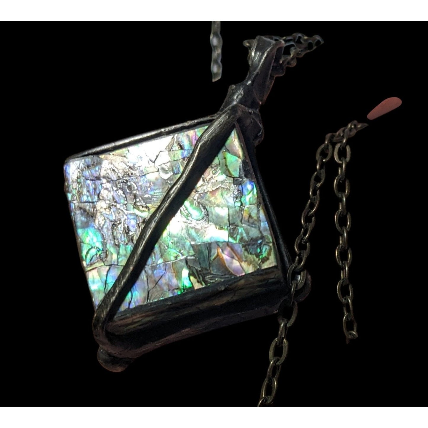 Vintage Abalone Crackle Cube Pendant Necklace