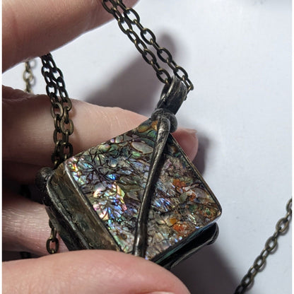 Vintage Abalone Crackle Cube Pendant Necklace