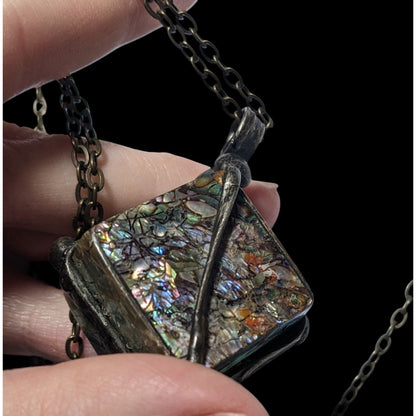 Vintage Abalone Crackle Cube Pendant Necklace