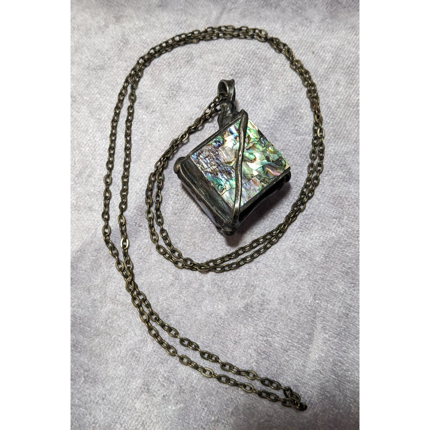 Vintage Abalone Crackle Cube Pendant Necklace