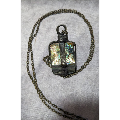 Vintage Abalone Crackle Cube Pendant Necklace