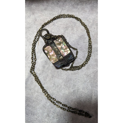 Vintage Abalone Crackle Cube Pendant Necklace