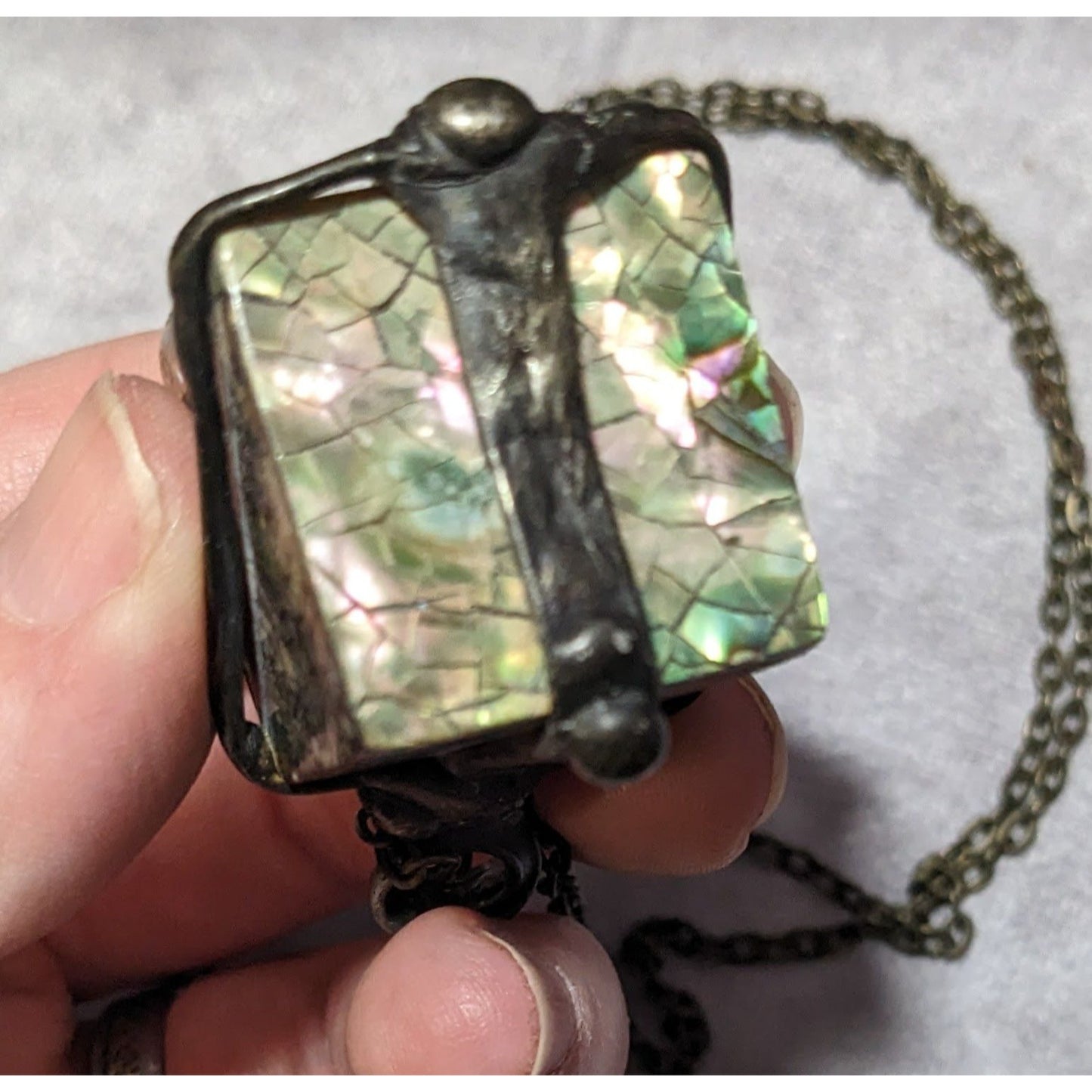 Vintage Abalone Crackle Cube Pendant Necklace