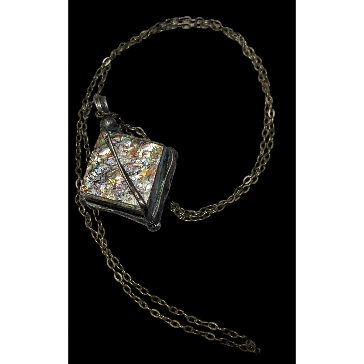 Vintage Abalone Crackle Cube Pendant Necklace