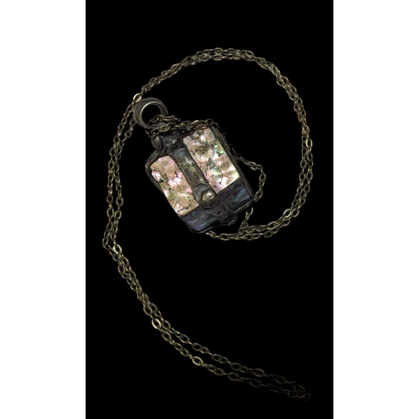 Vintage Abalone Crackle Cube Pendant Necklace