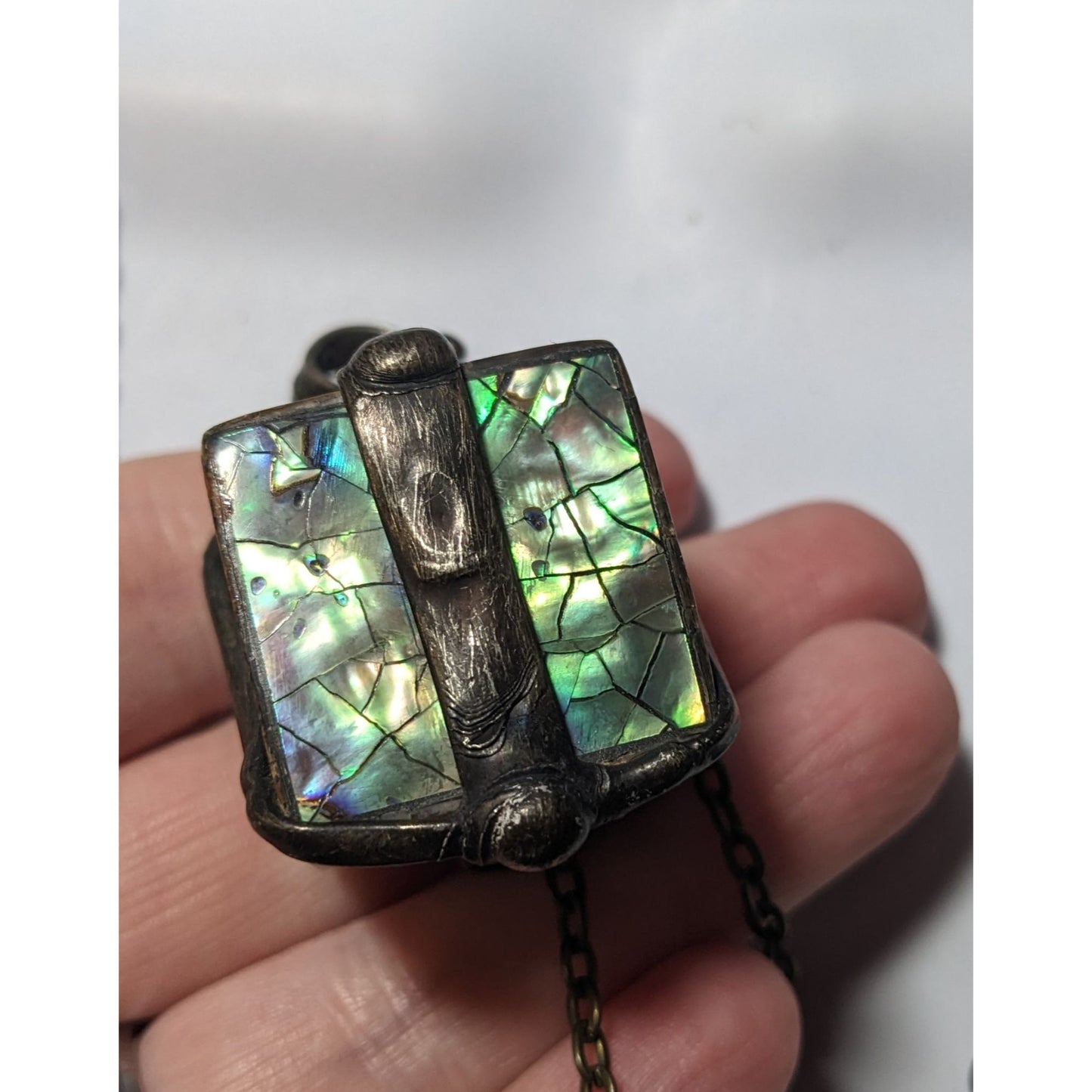 Vintage Abalone Crackle Cube Pendant Necklace