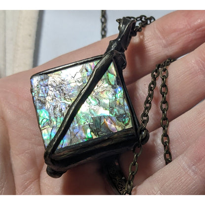 Vintage Abalone Crackle Cube Pendant Necklace