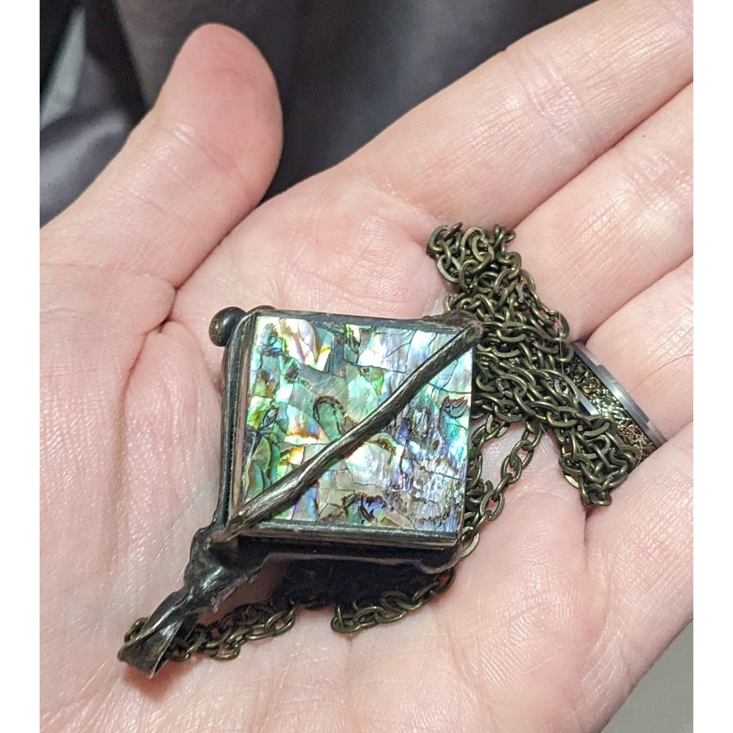 Vintage Abalone Crackle Cube Pendant Necklace