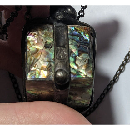 Vintage Abalone Crackle Cube Pendant Necklace