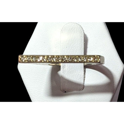 Slanted Geometric Silver Tone Rhinestone Statement Ring Size 7 3/4