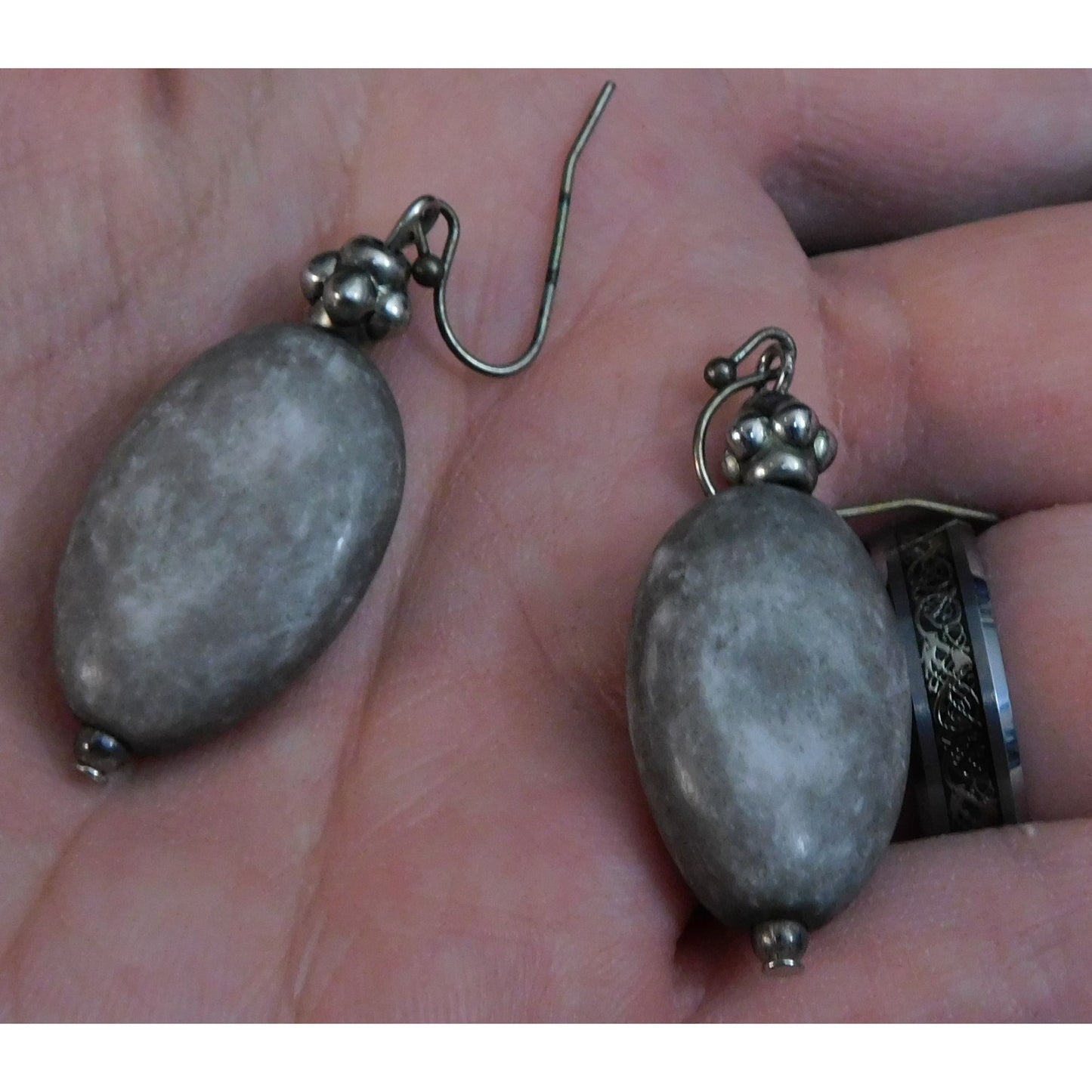 Casual Rustic Grey Stone Earrings With Silver Tone Hook Backs