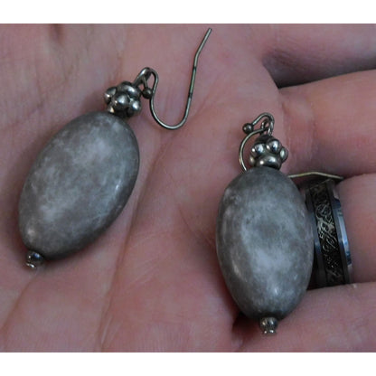 Casual Rustic Grey Stone Earrings With Silver Tone Hook Backs