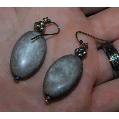 Casual Rustic Grey Stone Earrings With Silver Tone Hook Backs