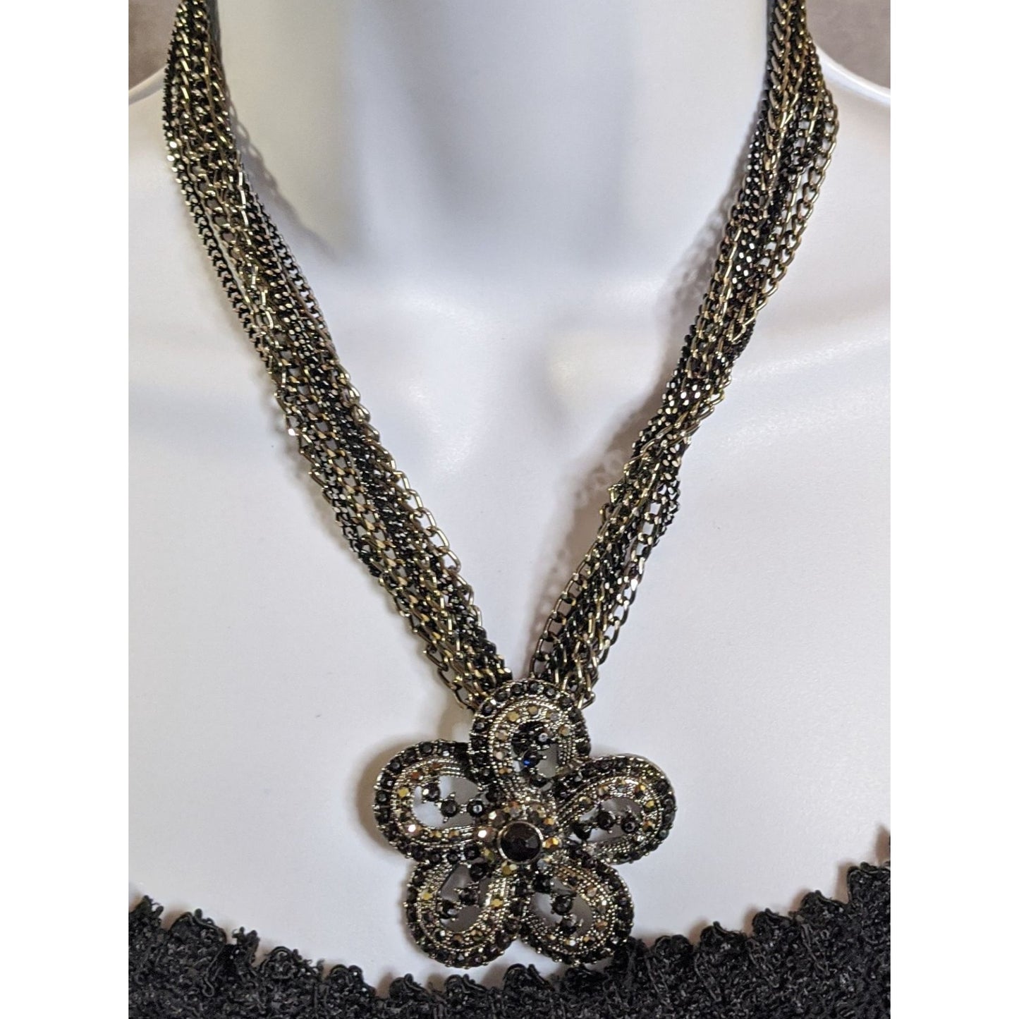 Whimsygoth Floral Black And Silver Tone Chain Necklace With Rhinestone Flower Pendant