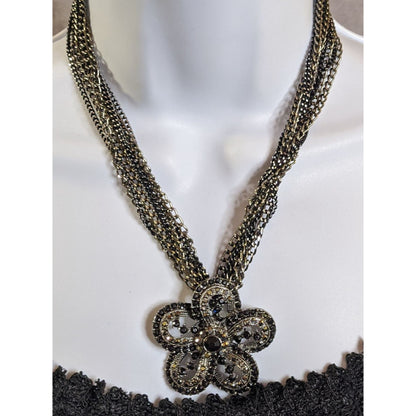 Whimsygoth Floral Black And Silver Tone Chain Necklace With Rhinestone Flower Pendant