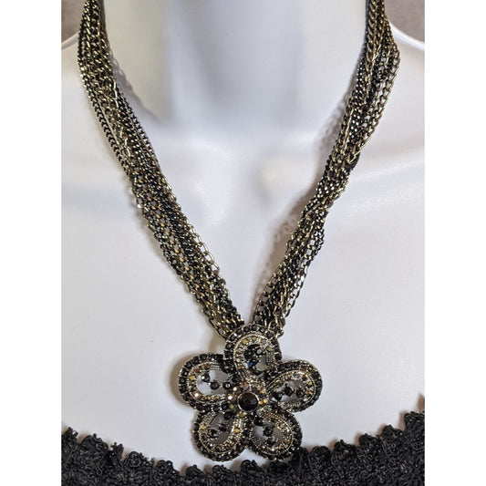 Whimsygoth Floral Black And Silver Tone Chain Necklace With Rhinestone Flower Pendant