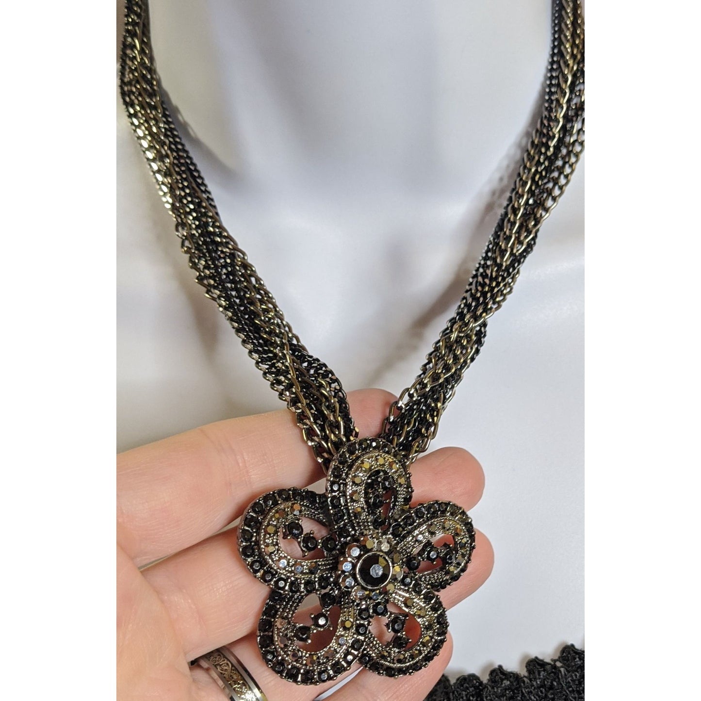 Whimsygoth Floral Black And Silver Tone Chain Necklace With Rhinestone Flower Pendant