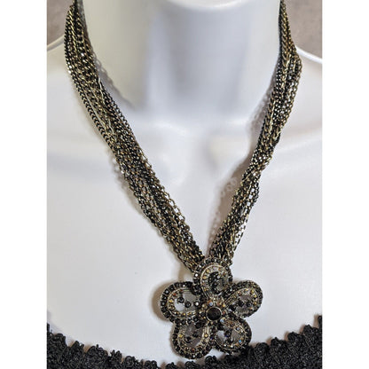 Whimsygoth Floral Black And Silver Tone Chain Necklace With Rhinestone Flower Pendant