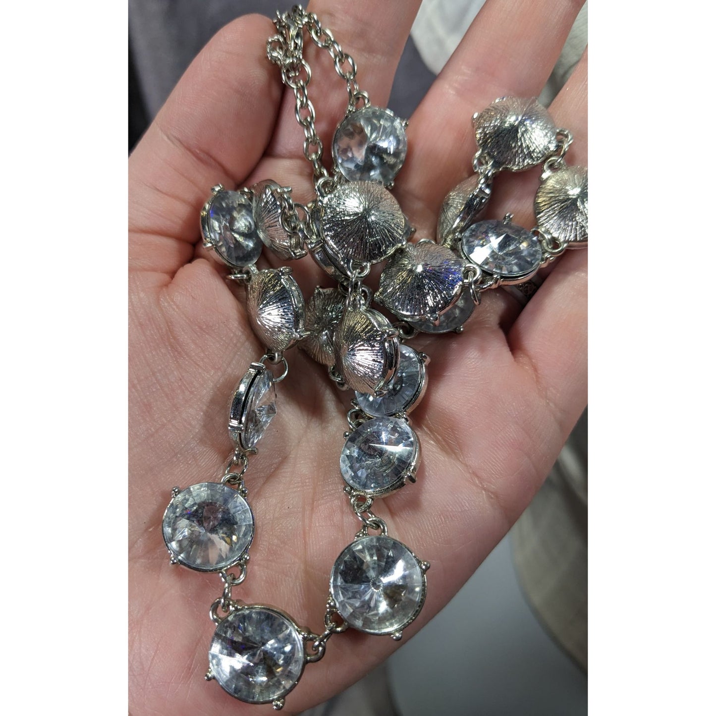 Vintage Art Deco Style Crystal Glass Studded Silver Tone Necklace