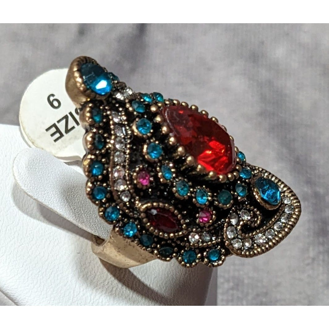 Bohemian Glam Red And Blue Gemmed Cocktail Ring