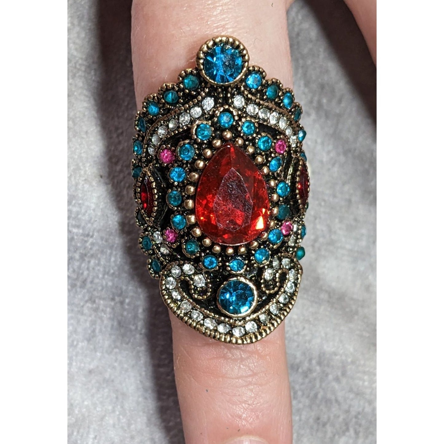 Bohemian Glam Red And Blue Gemmed Cocktail Ring