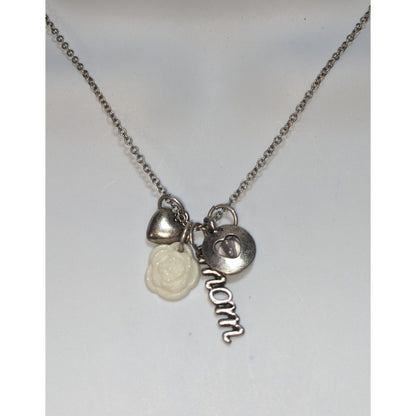 Mom Charm Necklace Silver Rose Heart Pendant Layered Family Gift Jewelry