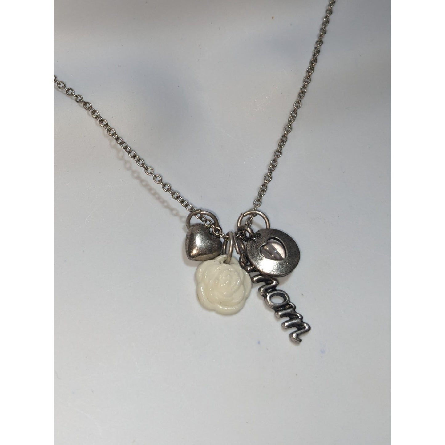 Mom Charm Necklace Silver Rose Heart Pendant Layered Family Gift Jewelry
