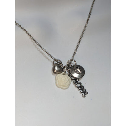Mom Charm Necklace Silver Rose Heart Pendant Layered Family Gift Jewelry