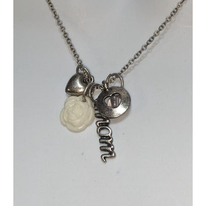 Mom Charm Necklace Silver Rose Heart Pendant Layered Family Gift Jewelry