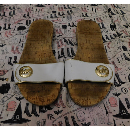 Michael Kors White Cork Slide Sandals With Gold Tone Accents