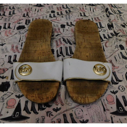 Michael Kors White Cork Slide Sandals With Gold Tone Accents