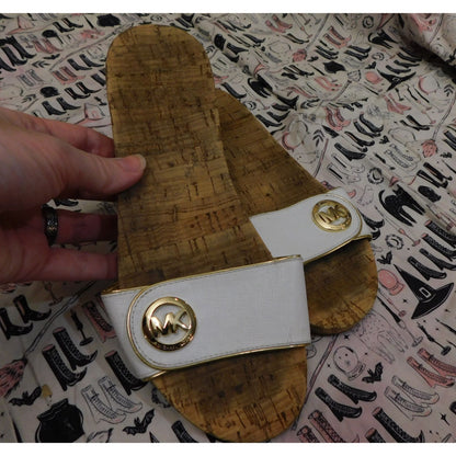 Michael Kors White Cork Slide Sandals With Gold Tone Accents