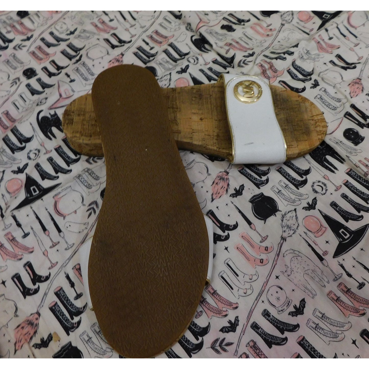 Michael Kors White Cork Slide Sandals With Gold Tone Accents