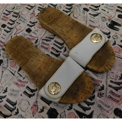 Michael Kors White Cork Slide Sandals With Gold Tone Accents