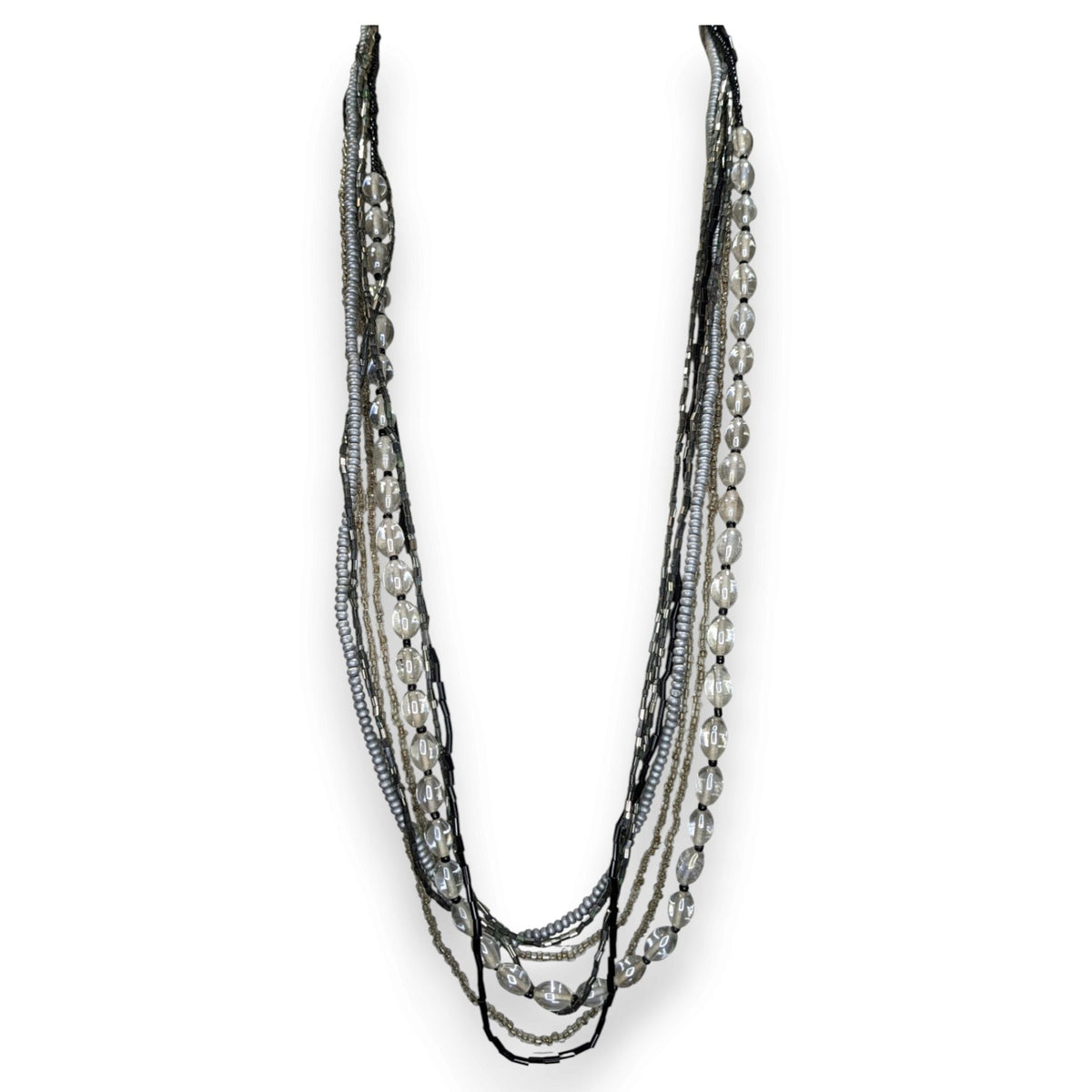 Boho Minimalist Glass Wood Bead Multistrand Necklace Black Silver Clear 26 Inch