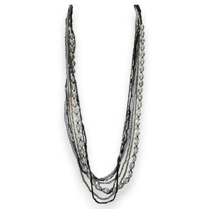 Boho Minimalist Glass Wood Bead Multistrand Necklace Black Silver Clear 26 Inch