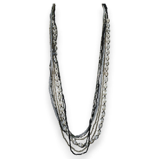 Boho Minimalist Glass Wood Bead Multistrand Necklace Black Silver Clear 26 Inch