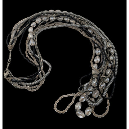 Boho Minimalist Glass Wood Bead Multistrand Necklace Black Silver Clear 26 Inch