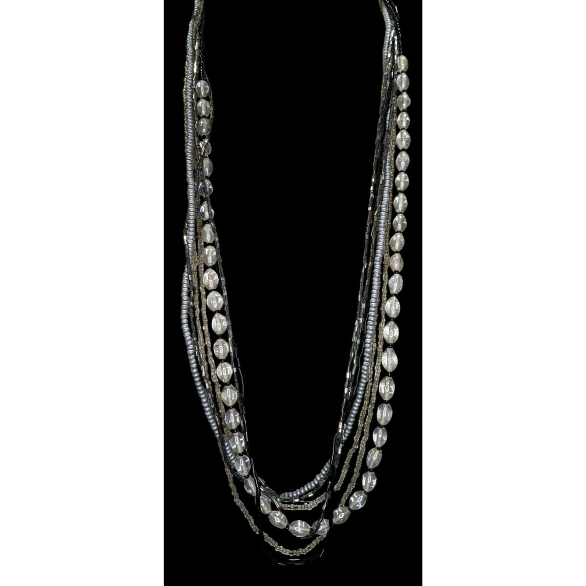 Boho Minimalist Glass Wood Bead Multistrand Necklace Black Silver Clear 26 Inch