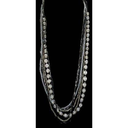 Boho Minimalist Glass Wood Bead Multistrand Necklace Black Silver Clear 26 Inch