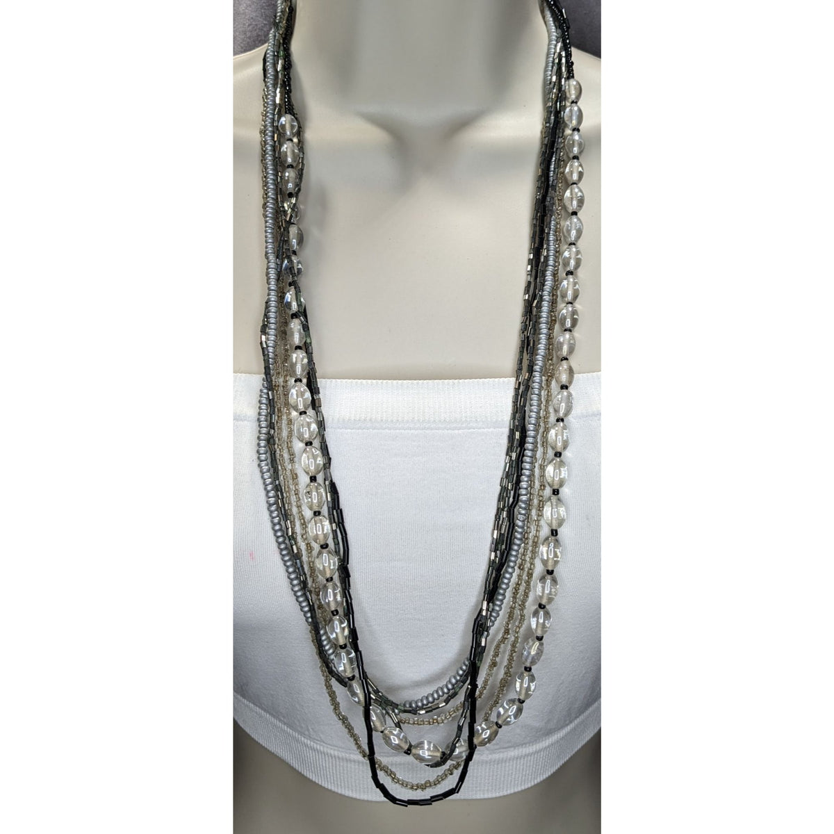 Boho Minimalist Glass Wood Bead Multistrand Necklace Black Silver Clear 26 Inch